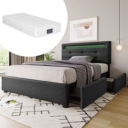 LZPUOUI Estructura de Cama Tapizada 90x200cm con Dos Cajones Inferiores y Cabecero Regulable con Sistema de Iluminacion como Marco de Alta Resistencia y Base para Somier de Dormitorio Gris
