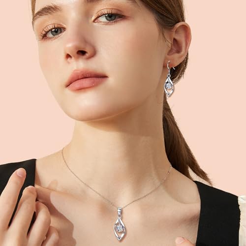 Silver Jewellery Set for Women, 925 Sterling Silver Women's Jewellery Sets with White/Blue/Pink Zirconia, Hypoallergenic Twist Pendant Necklace & Hook Dangle Earrings Set Gift with Gift box - Image 6