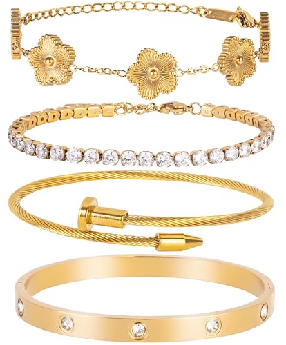 18K Gold Plated Nail love Bangle Bracelet Set for Women Stackable Gold Clover Adjustable tennis bracelet Trendy Gift Jewelry for Mother's Day Anniversary