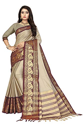 Divine International Trading Co Women's Banarasi Cotton Silk Saree with Unstitched Blouse (Keri-Chiku) Beige