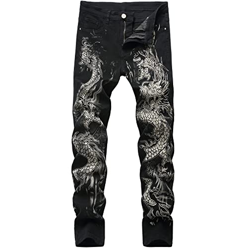 Men's Slim Fit Patchwork Dragon Printed Jeans Hip Hop Streetwear Straight Cargo Denim Pants