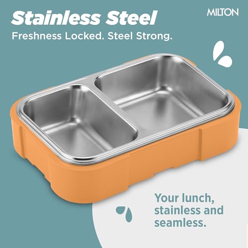 Image of MILTON Bravo 2 Inner Stainless Steel Tiffin Box for School, 2 Partition, Steam Release Plug | PU Insulated, Leak-Proof, Food Grade I Lunch Box for Kids Boys, Girls with Snap Lock Lid, 650 ml, Orange