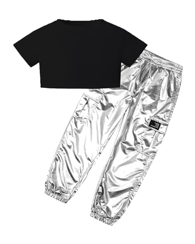 Image of SANGTREE 2 Piece Outfits Girls, Cute Black Short Sleeve+ Silver Metal Cargo Jogger Pants with Multi Pockets Elastic Waist, X-Large