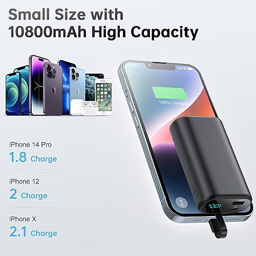 Portable Charger 10800Mah For Iphone,Small & Ultra-Compact 15W Pd Fast Charging Power Bank ,Lcd Display Battery Pack With Built-In-Cable Compatible With Iphone 14/14 Pro Max /13/12/X/Xr/Xs/8/7/6 Etc #TOP1