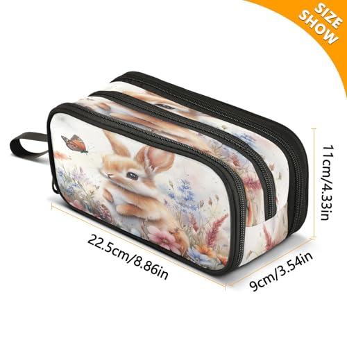 Image of Cute Bunny with Butterfly Flowers Large Capacity Pencil Case Box Boys Girls Big Stationery Pen Bag Organizer Pencil Pouch Zipper Compartments for School Office