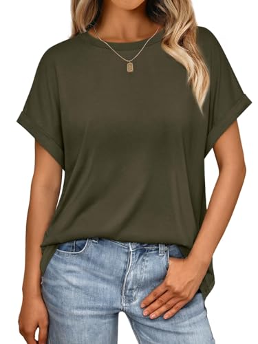 Cuptacc Tee Shirt Femme Basic Col Rond Top Ete Manches Courtes Ample T Shirt Femme Sport Casual Unie Vert armée XL 48-50