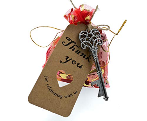 50pcs Skeleton Key Bottle Opener Wedding Party Favor Souvenir Gift with Escort Tag and Jute Rope(Gun Black Tone,5 styles)