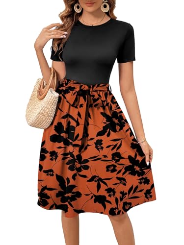 Image of Women's Elegant Vintage Round Neck Short Sleeve Summer Casual Work Party A-Line Dress with Belt 809