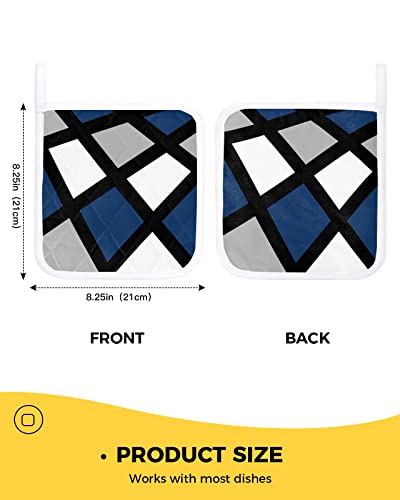 Navy Blue Grey Pot Holders For Kitchen, Modern White Geometric Abstract Art Black Lace Plaid Pot Holder With Loop Trivet Heat Insulation Oven Mitts Hot Pads, Washable Potholders For Cooking 2 Pack #TOP2