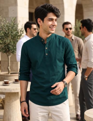 Image of Fifth U Men's Cotton Polyester Blend Solid Mandarin Collar Self Design Full Sleeve Casual Short Kurta