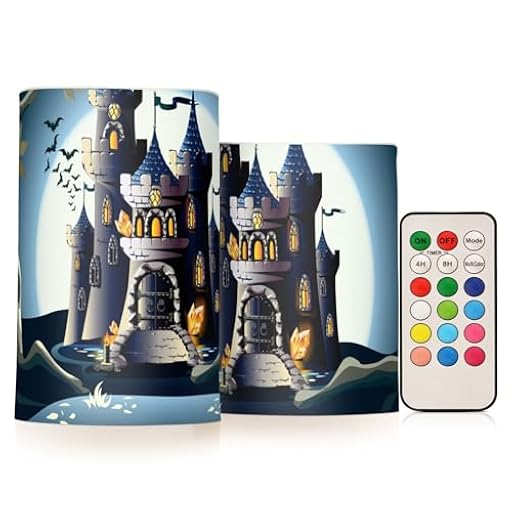 ZRWLUCKY Castillo oscuro en luna mágica, velas sin llama azul parpadeante que cambia de color, vela LED con temporizador remoto funciona con pilas para decoración de Navidad y Halloween | Ya disponible en tu tienda friki favorita! En mundofriki.es!