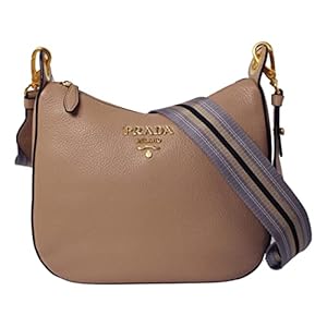Prada Vitello Daino Tan Leather Shoulder Handbag with Silver and Blue Nylon Web Striped Strap 1BC052