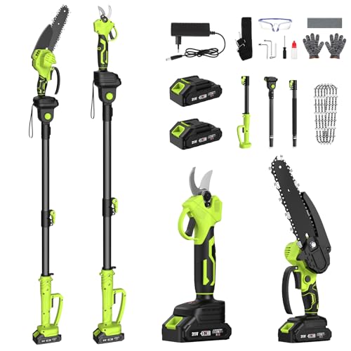 Tronçonneuse et Sécateur Électrique Télescopique, 4-en-1 Ensemble d’Outils de Jardin avec 4 Chaînes 2 Batteries Taille Haies Telescopique, 6 Pouces Tronconneuse Angle Réglable, Idéal Taille Jardinage