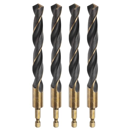 QUARKZMAN 4 Stück Metall Spiralbohrer 13mm, Gold Titanium & Schwarz Nitride Beschichtet 4341 HSS Bohrer mit 6,35 mm Sechskantschaft, Jobber Bohrer Für Edelstahl, Metall