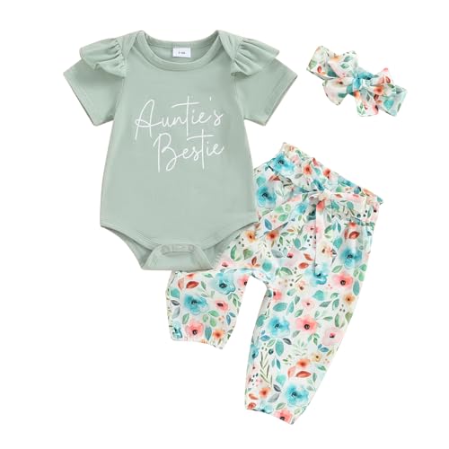 Image of Aunties Bestie Baby Clothes Girl Baby Girl Aunt Saying Letter Romper Shirt Floral Flare Pants Headband 3Pcs Outfit