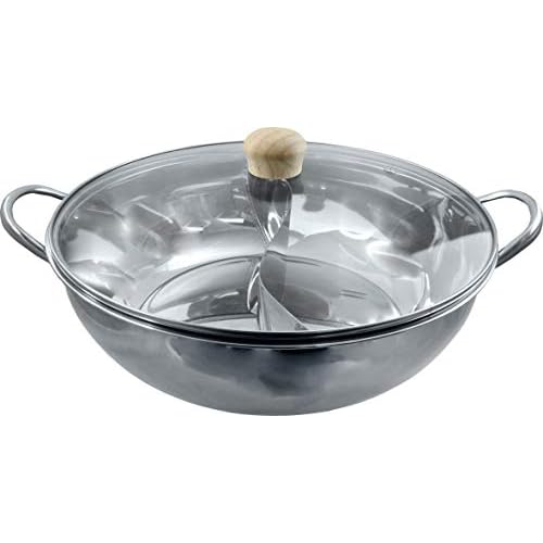 JADE TEMPLE 17105 Hot Pot Wok en acier inoxydable avec couvercle en verre, diamètre : 34 cm