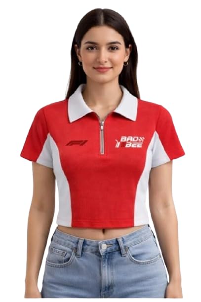 BADBEE Women's Ribbed Polo Crop Top, Red and White, Cotton, Slim Fit, Half-Zip, Colour Block, Sporty Casual, Short Sleeve-picture-30