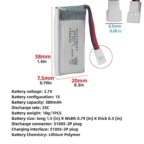 Fytoo 4Pcs 3.7V 380Mah Lithium Battery For E016H E016F Hubsan X4 H107 H107C H107D H108 H107L V252 Jxd385, F180C, Udi U816A, H6C Rc Drone Parts Helicopter Lithium Battery #TOP1