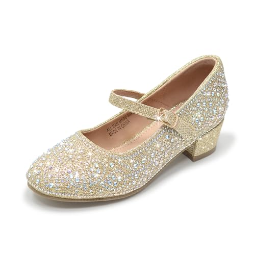 WIKENCY Girls Dress Shoes Sparkly Low Heel Rhinestone Mary Jane Shoes Gold Big Kid US 1 by WIKENCY - Used condition - US$22.79