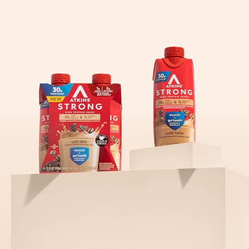 Image of Atkins Strong High Protein Shake, Cafe Latte Flavored, 30g Protein, 7g Prebiotic Fiber, 1g Sugar, Muscle and Gut Health Support, GLP-1 Support, Low Carb and Low Sugar Coffee Protein Shake, Keto Friendly, 12 Count