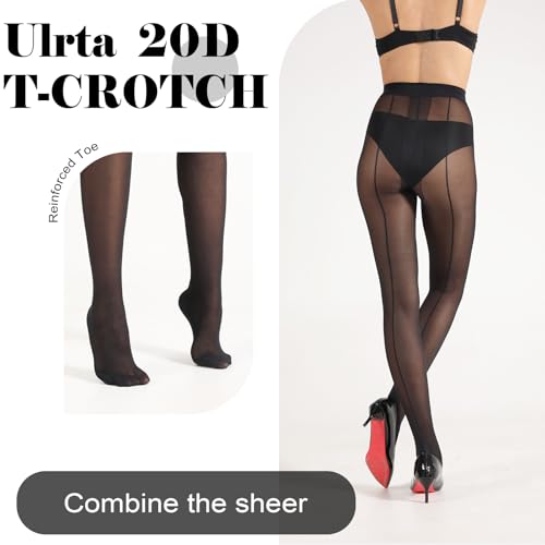 HONENNA Backseam Sheer Tights for Women T Crotch Cuban Heel Black Pantyhose 20D Control Top Stockings3