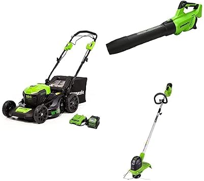 Greenworks 40V 21" Brushless Cordless Self-Propelled Electric Lawn Mower, Brushless Leaf Blower 130 MPH / 550 CFM, String Trimmer, 5.0Ah Battery and Charger