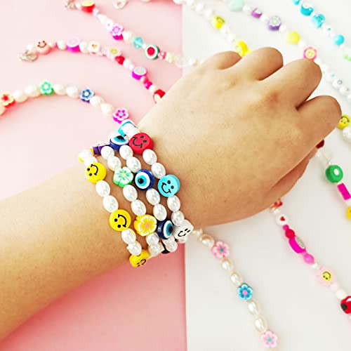 Preppy Bracelet Set Y2K Smile Face Pearl Flower Evil Eye Kandi Y2K Handmade Cute Fun Aesthetic Stretch Bracelet For Women Girls 4Pcs #TOP6