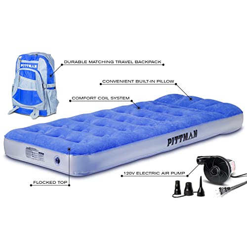 Pittman Outdoors Twin Kid's Air Mattress With Portable Battery Powered Air Pump With Fun Travel Backpack, Blue (Ppi-Blu_Kidmat) #TOP1