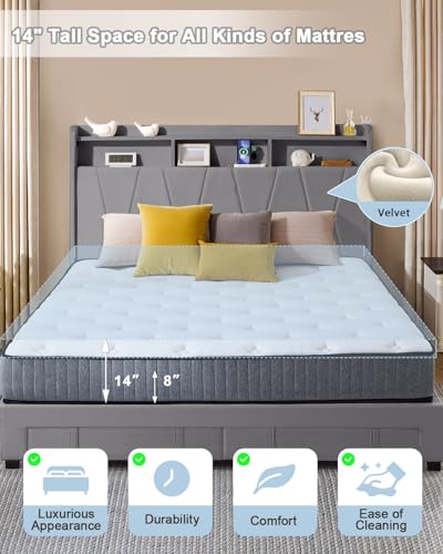 LegacyAmerhome Queen Bed Frame, Velvet Upholstered LED Platform Bed with Headboard Storage, Queen Bed Built-in Charging Station with 2 Drawers, Wood Slat Support, No Box Spring Needed, Grey