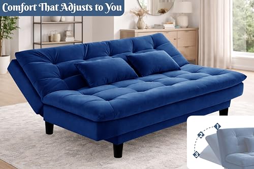 Image of Modern Convertible Three-Seater Futon Sofa Bed with Tufted Sleeper Couch Sofa with Adjustable Backrest- Living Room Furniture-Blue