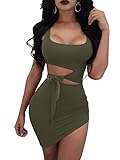 Refer to Amazon Size Chart, US Size:S:4-6,M:8-10,L:12-14,XL:16-18 Polyester and Spandex,super stretchy,soft and comfortable fabric Slightly square collar,sleeveless,one-piece,high waist,tank top,irregular mini skirt,cut out,waist self-tied,bodycon St...