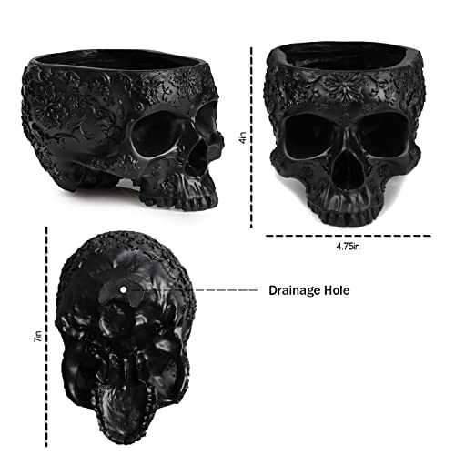 Skull Halloween Candy Server Bowl, 6" Spooky Decorations Sugar Snack Tray, Deep Polyresin Skulls Pot, Indoor Plants & Flowers - Serving Tray, Modern, Skeleton Home Decor, Goth Trick Or Treat (Black) #TOP6