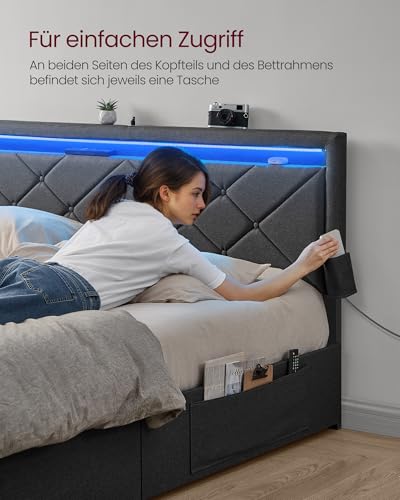 VASAGLE Doppelbettgestell, Bettgestell, passend für 140 x 200 cm Matratze, LED, Metallbett, 4 Schubladen, Ladestation, verstellbares gepolstertes Kopfteil, schiefergrau RMB827G02