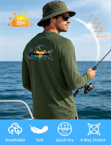 Twekfish Men's UPF 50+ Fishing Shirt, Long Sleeve UV Protection Sun Shirt, Quick Dry Rash Guard Tee for Hiking Running, Bass Graphic — view 4