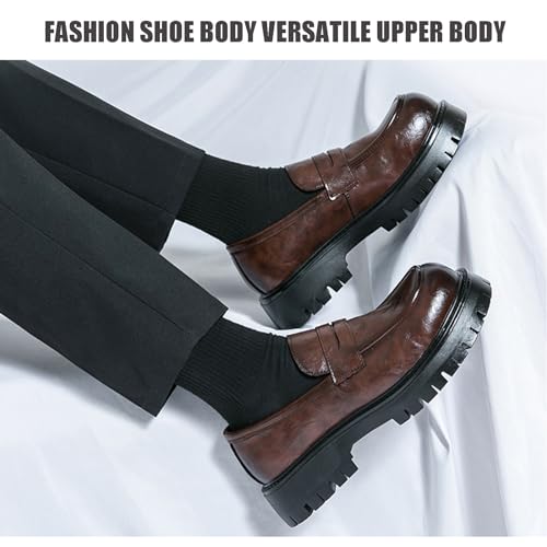 Men's Comfortable Soft Leather Platform Chunky Loafers Fashion Business Casual Formal Work Shoes Retro Round Toe Anti-Slip Lug Sole Slip-On Penny Loafers4