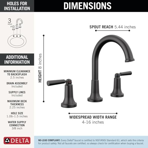 Delta Saylor Matte Black Bathroom Faucet 3 Hole, 8 Inch Widespread Bathroom Sink Faucet for Vanity, Metal Push-Pop Drain Assembly, Matte Black 3535-BLMPU-DST by DELTA - Used condition - Image 4
