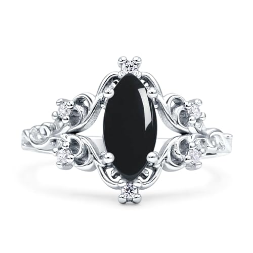 Art Deco Marquise Natural Black Onyx Filigree Floral Designer Vintage Style Wedding Engagement Ring Solid 925 Sterling Silver