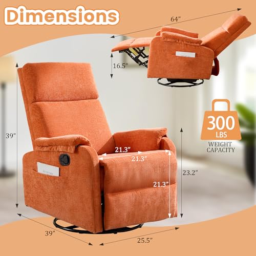 Image of Korser Recliner Chair, Swivel Rocking Recliner Chair for Adults, Glider Rocking Chair, Small Nursery Chair Recliner for Living Room, Reclining Chair with Modern-Designed Armrests, Chenille, Orange