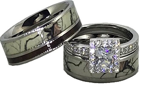 His and Her White Snow Camo Wedding Rings Set - Wedding Ring - Engagement Ring - His and Hers Rings - Wood Ring - Cz engagement rings - Wood rings for men