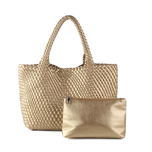 Image of Woven Tote Bag Womens Purse Vegan Leather Shoulder Handbags Fashion Summer Beach Tote Bags Large Travel Totes