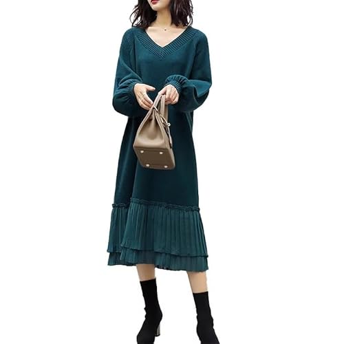 [amandpm] ニットワンピース 秋冬 春 vネック 長袖 パフスリーブ ニット ワンピース レディースきれいめ 厚手 ゆったり 大きいサイズ マタニティ 切り替え プリーツ ロング丈 体型カバー 普段着 通勤 - amandpm - 商品画像