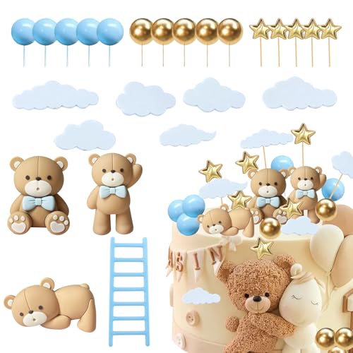 25 pieces Beige Blue Bear Cake Topper - Boho Bear Cake Decorations - Blue Gold Balls Cake Topper for Baby Shower,Wedding Birthday Party Baby Shower Cake Decorations