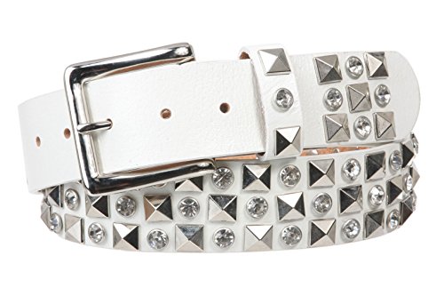 Snap On Oil Cowhide Rhinestone Punk Rock Star Vintage Leather Bling Belt, White | 40