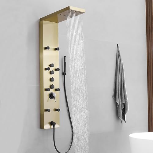 Bathfinesse Shower Panel Rainfall Bathroom Shower Tower System with 4-Functions, 8 Body Massage, Wall Mount Brushed Gold