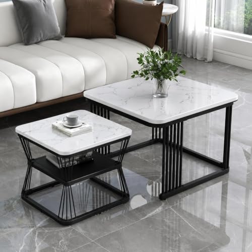 Image of Brown Art Shoppee Set of 2 Modern Coffee Tables with Marble Finish Top, Metal Frame, Nesting Center Table & End Table for Living Room Home Decor (Black & White)