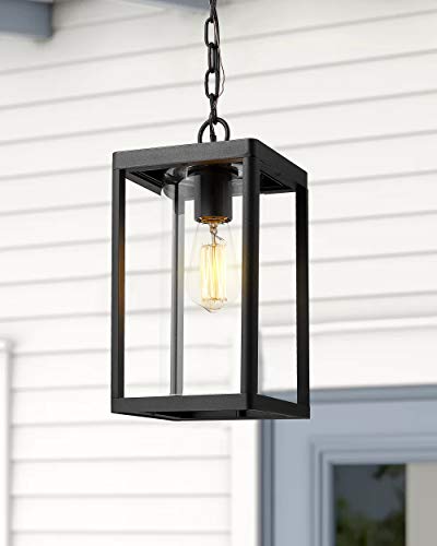 Beionxii Outdoor Pendant Light, Modern Exterior Hanging Porch Lantern, Black Cast Aluminum w/Clear Cylinder Glass - A291H-1PK - Image 4