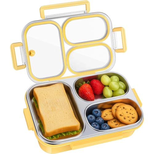 Stainless Steel Lunch Box, 3-Compartment Bento Box (25oz) - Portable Food Storage Containers Snack Boxes with Leakproof Lids, Dishwasher Safe, Metal Lunch Boxs - Ideal for Office, Travel