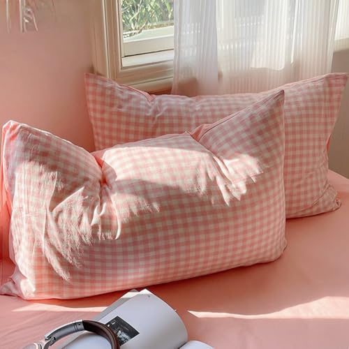 Pink/Blue Checkered Pure Cotton Pillow Cases Set of 2 Standard Queen Size Envelope Closure, Soft Washed Cotton Bedding Essentials (Queen 30" x 20",Pink)