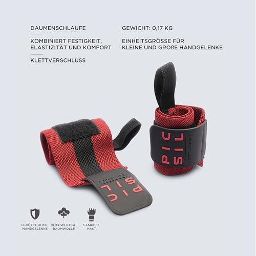 PICSIL Elastische Handgelenkbandagen mit Daumenschlaufe – Handgelenkstütze für Cross Training, Fitnessstudio und Gewichtheben (Einheitsgröße, Rot)