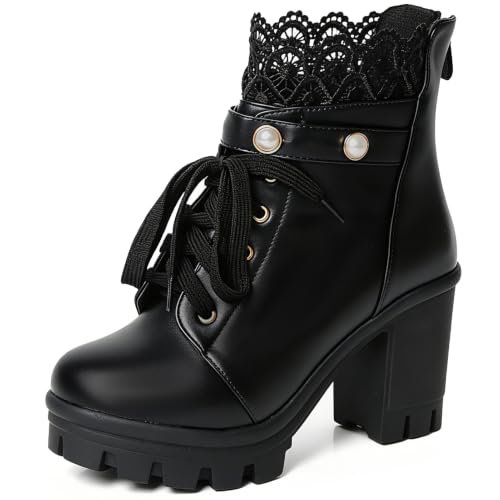 Image of FOREADA Goth Platform Heel Combat Boots Women Pearl Lace Victorian Booties